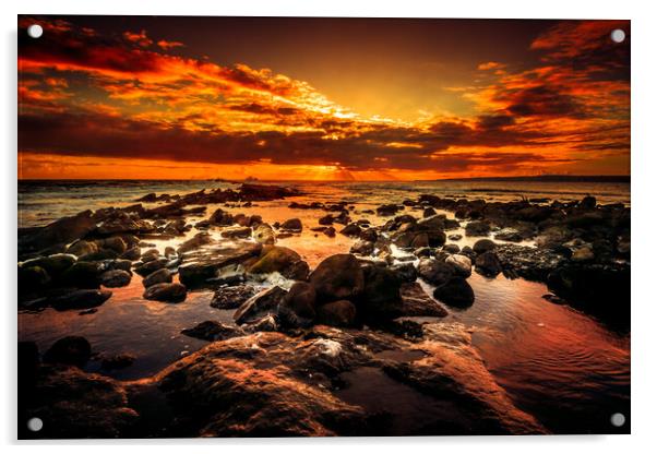 Burning Sunrise Filey Brigg Yorkshire Acrylic by Tim Hill