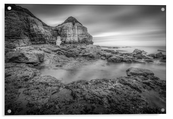 Thornwick Bay Cliff Arch in Black and White Acrylic by Tim Hill