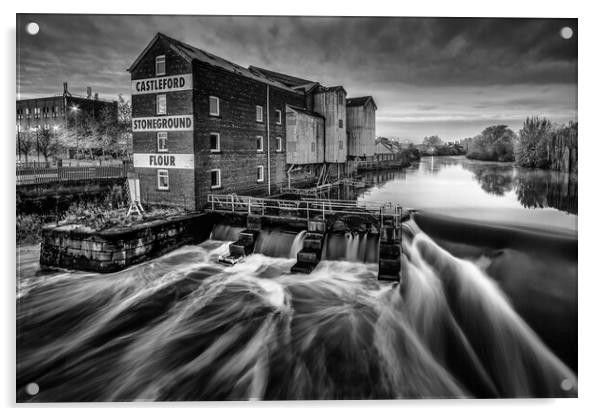 Castleford Weir Black and White Acrylic by Tim Hill