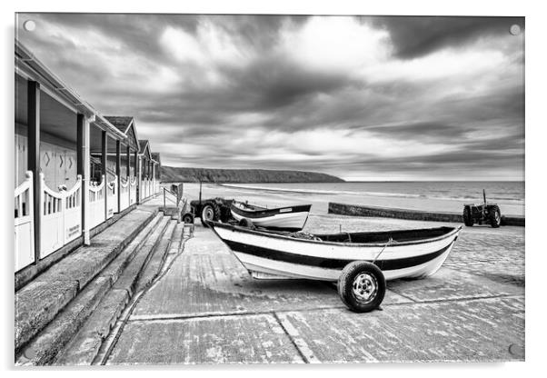 Filey Boat Ramp Black and White Acrylic by Tim Hill