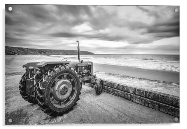 Filey Beach Tractor Black and White Acrylic by Tim Hill