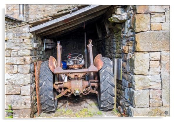 Rusty Vintage Tractor: Muker Village Swaledale Acrylic by Tim Hill