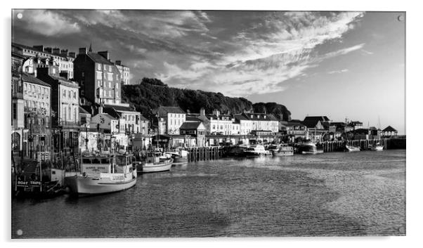 Whitby Harbour Black and White Acrylic by Tim Hill