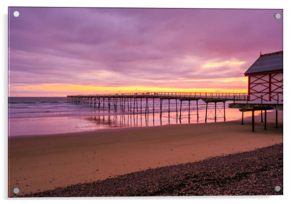 Saltburn beach and pier at Sunrise Acrylic by Tim Hill