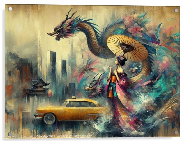 asian woman wear traditional dress walk rainy city skyline stop taxi cab year of the chinese dragon Acrylic by Augusto Colombo