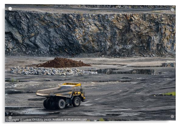 Dump truck in limestone mining, heavy machinery. Mining in the quarry. Acrylic by Lubos Chlubny