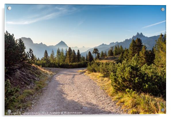Wide trail in the Dolomites. Hiking trip, Walking path in dolomites landscape. The Tofane Group in the Dolomites, Italy, Europe. Acrylic by Lubos Chlubny