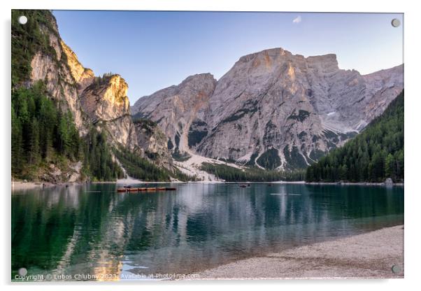 Peaceful alpine lake Braies in Dolomites mountains. Lago di Braies, Italy, Europe. Scenic image of Italian Alps. Acrylic by Lubos Chlubny