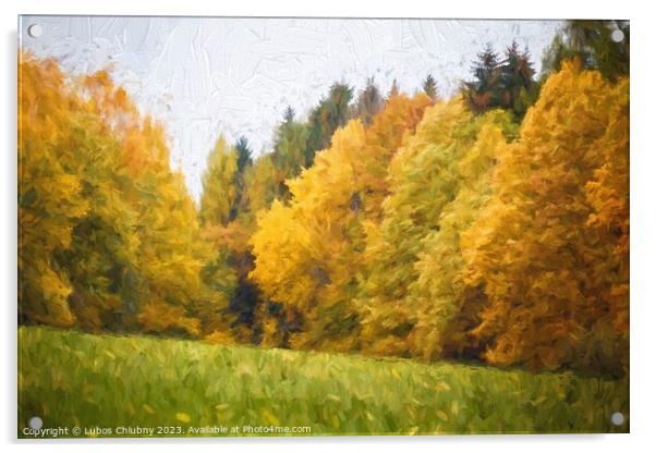 Oil painting autumn landscape with autumn leaves in forest. Acrylic by Lubos Chlubny
