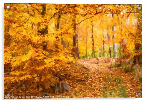 Oil painting autumn landscape with autumn leaves in forest. Acrylic by Lubos Chlubny