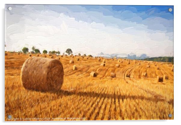 Oil painting summer landscape - hay bales on the field after harvest.  Acrylic by Lubos Chlubny