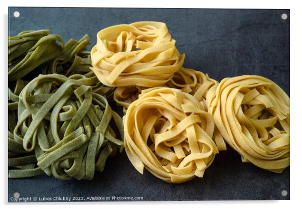 Fresh homemade green and yellow pasta tagliatelle. Raw homemade  Acrylic by Lubos Chlubny