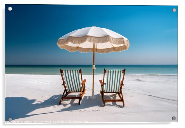 Beach chairs and umbrella on a white sandy beach. Generative AI Acrylic by Lubos Chlubny