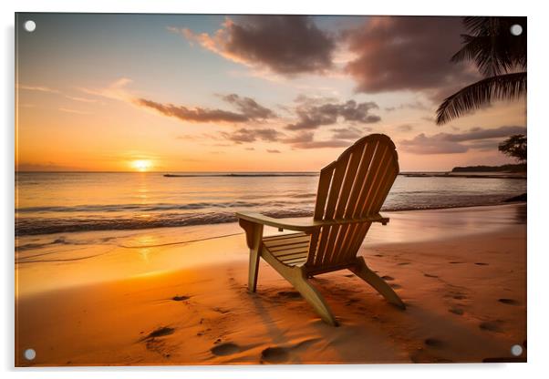 Beach chair on tropical beach at sunset. Generative AI Acrylic by Lubos Chlubny