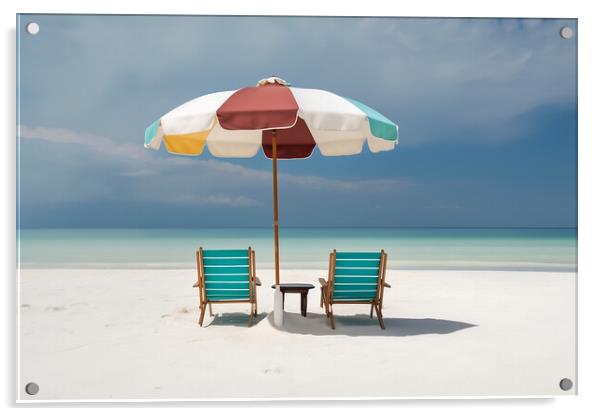 Beach chairs and umbrella on a white sandy beach. Generative AI Acrylic by Lubos Chlubny