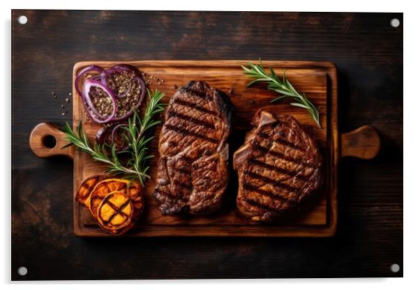 Grilled meat barbecue steak on wooden cutting board with rosemary and copy space. Top view. Acrylic by Lubos Chlubny