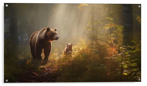 Bear with cubs in the forest and sun rays shining through the trees. Generative AI Acrylic by Lubos Chlubny