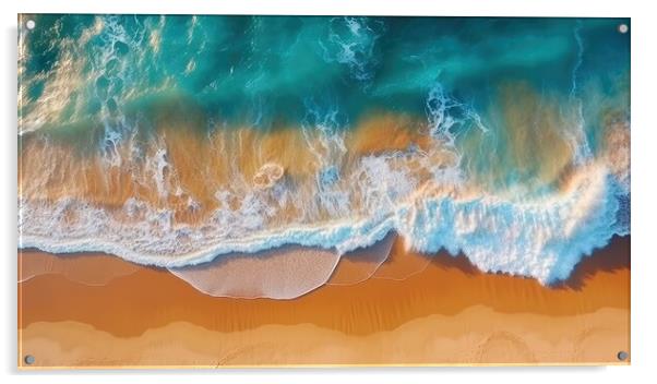 Top view of ocean waves on sandy beach landscape. Beautiful seascape background. Generative AI Acrylic by Lubos Chlubny