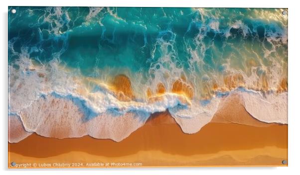 Top view of ocean waves on sandy beach landscape. Beautiful seascape background. Generative AI Acrylic by Lubos Chlubny