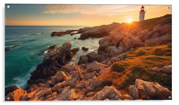 Colorful morning scene of Sardinia, Italy, Europe. Fantastic sunrise on Capo San Marco Lighthouse on Del Sinis peninsula. Generative AI Acrylic by Lubos Chlubny