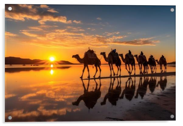Caravan of camels on the salt lake at sunrise. Generative AI Acrylic by Lubos Chlubny