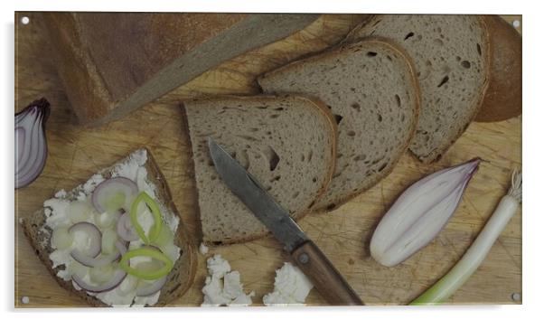 Home made bread on a wooden cutting board with curd cheese Acrylic by Irena Chlubna