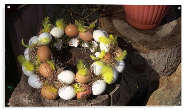 Easter composition made from colored chicken eggs. Easter eggshell wreath. Acrylic by Irena Chlubna