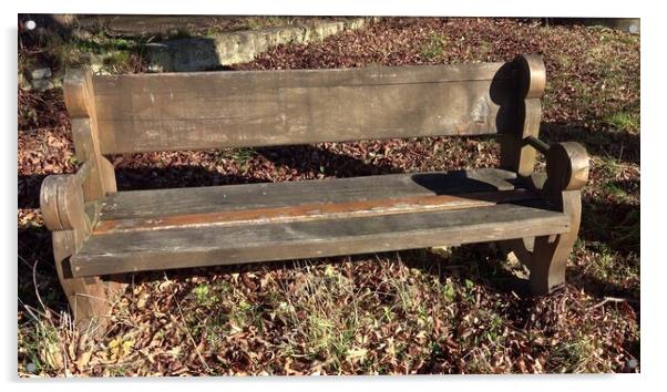 Wooden park bench in nature. Wooden bench has a backrest Acrylic by Irena Chlubna