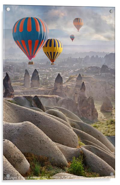 Hot Air Balloons Over Fairy Chimney Police Station Cappadocia Acrylic by Paul E Williams