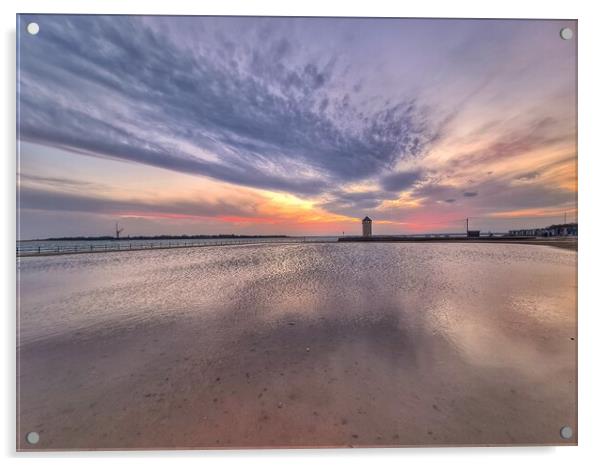 Sunset cloudscape and colours over the Brightlingsea tidal pool and Batemans Tower.  Acrylic by Tony lopez