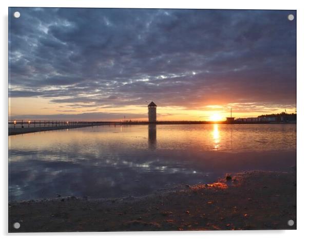 Sun setting over Batemans Tower in Brightlingsea in full reflections  Acrylic by Tony lopez