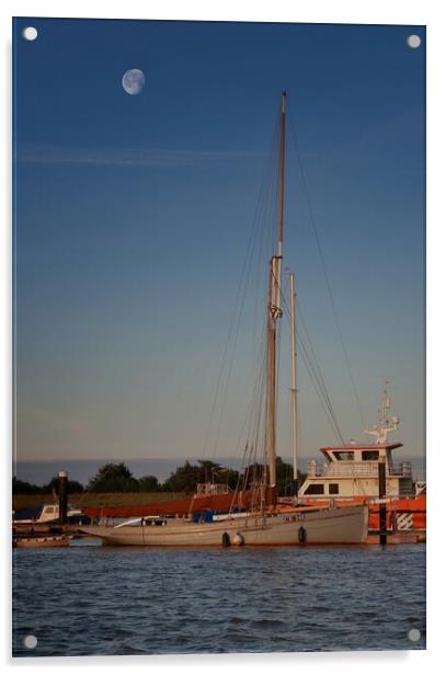 Moon down over Brightlingsea Moorings  Acrylic by Tony lopez