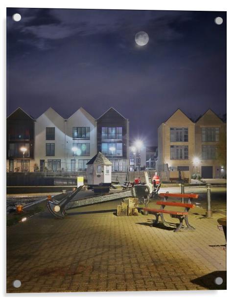 Moon down over the Waterside marina in Brightlingsea  Acrylic by Tony lopez