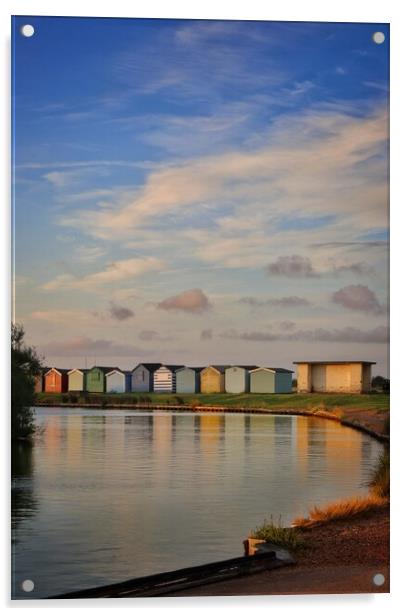 Sunrise over th beach huts around the Boating lake in Brightlingsea  Acrylic by Tony lopez