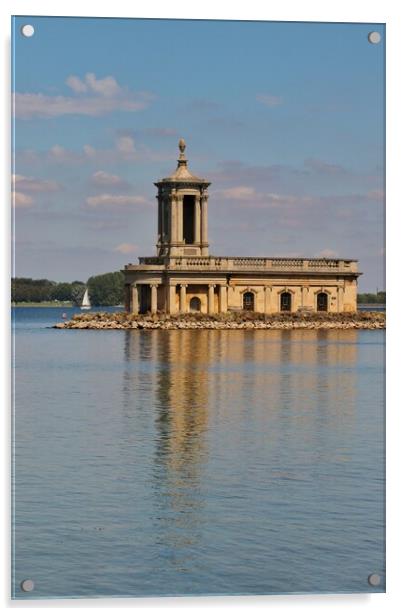 Normanton church on rutland water in reflection.  Acrylic by Tony lopez