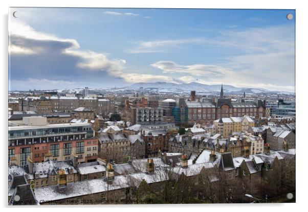 panoramic view of Edinburgh in winter with snow looking south towards Blackford Hill & Pentland Hills Acrylic by Chris Mann