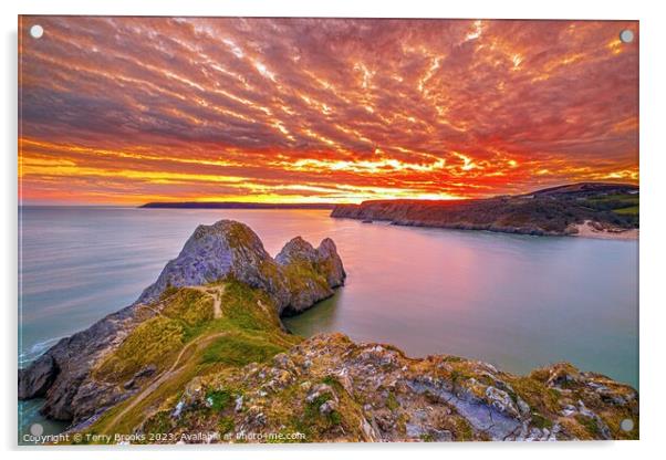 Three Cliffs Bay Sunset Gower Wales Acrylic by Terry Brooks