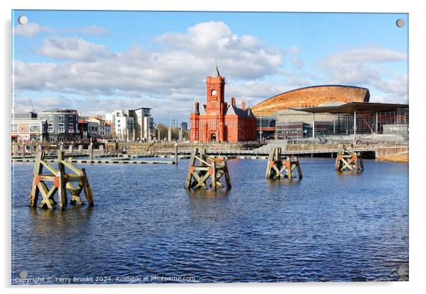 Cardiff Bay, the Pierhead Building, Senedd and Millenium Centre Acrylic by Terry Brooks