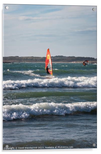 Rhosneigr Beach Windsurfers Acrylic by David Macdiarmid