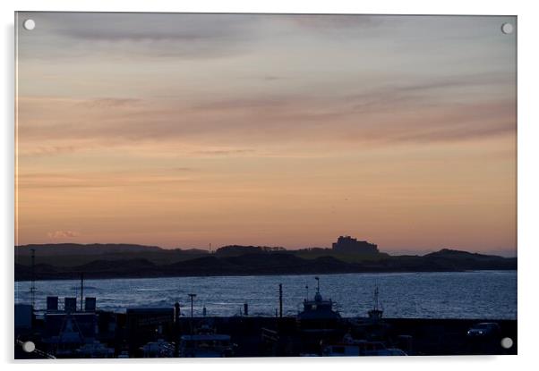 Sunset at Seahouses harbour bamburgh castle in the distance Acrylic by Helen Reid