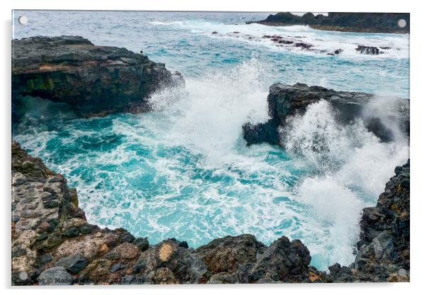 Large waves crash against the volcanic rock in La Palma Acrylic by Madeleine Deaton