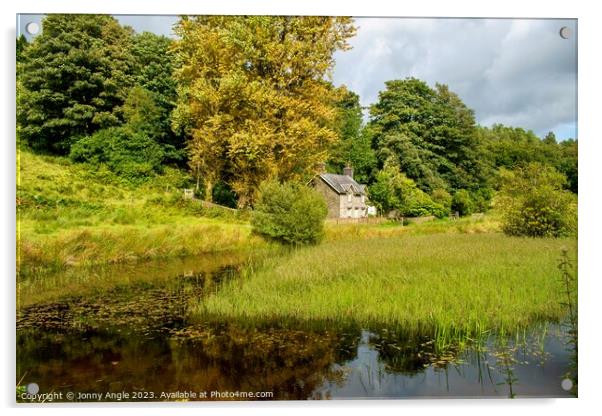 Romantic cottage in trees with water reflecting light  Acrylic by Jonny Angle