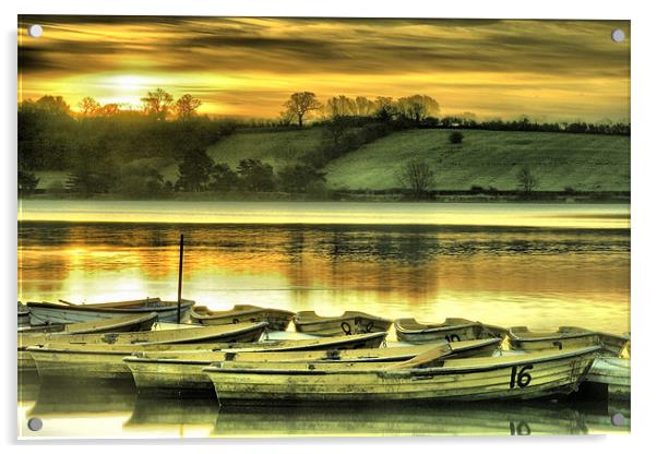 Thornton Reservoir,Boats at Sunrise Acrylic by Simon Gladwin