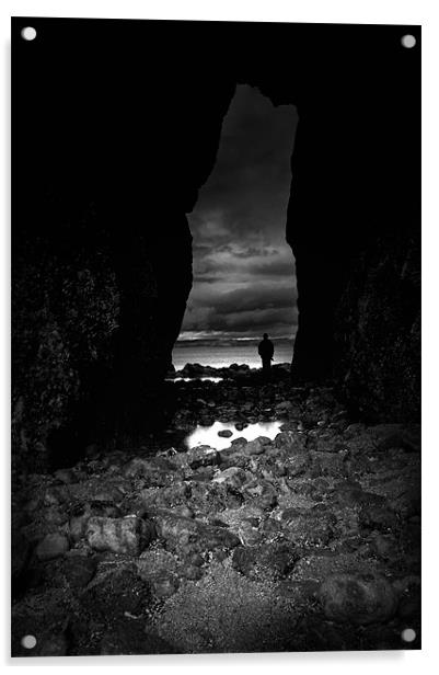 Lydstep cavern,Tenby in Black and White Acrylic by Simon Gladwin