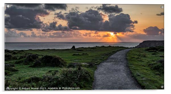 The sun setting at Kynance Cove, Cornwall Acrylic by Robert Mowat