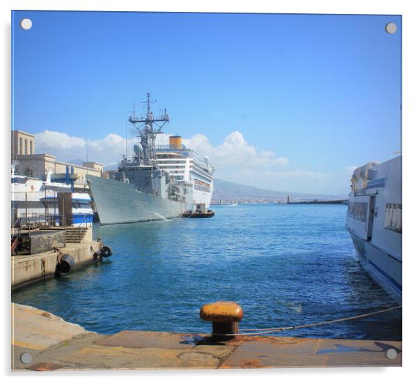 Ship docking at port in Naples, Italy Acrylic by Virginija Vaidakaviciene