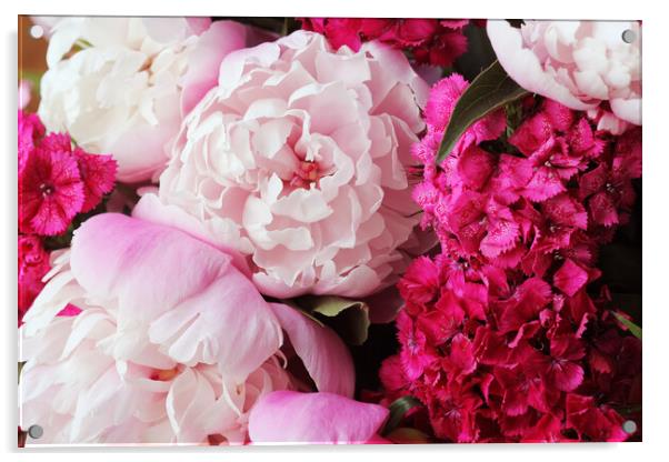 Beautiful summer flowers. Bouquet of pink peony and William background. Acrylic by Virginija Vaidakaviciene