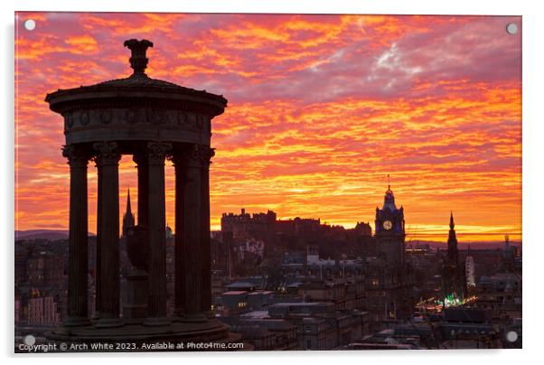 Edinburgh sunset over city centre, Scotland, UK Acrylic by Arch White