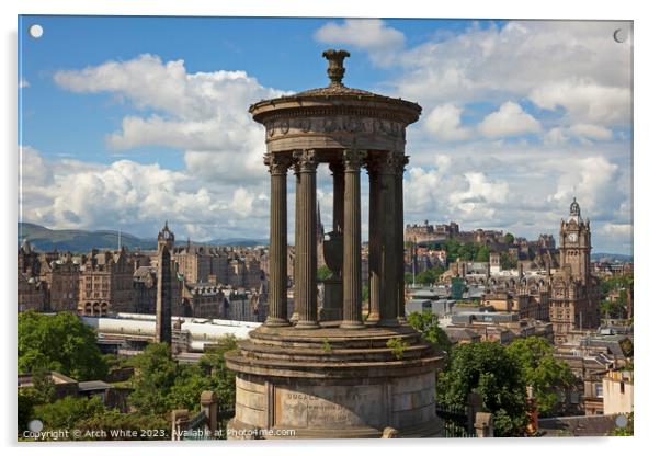 Calton Hill, with city of Edinburgh behind, Scotla Acrylic by Arch White