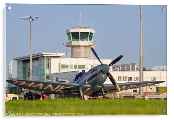 Spitfire G-PRXI at City of Derry Airport. Acrylic by Michael Mc Elroy